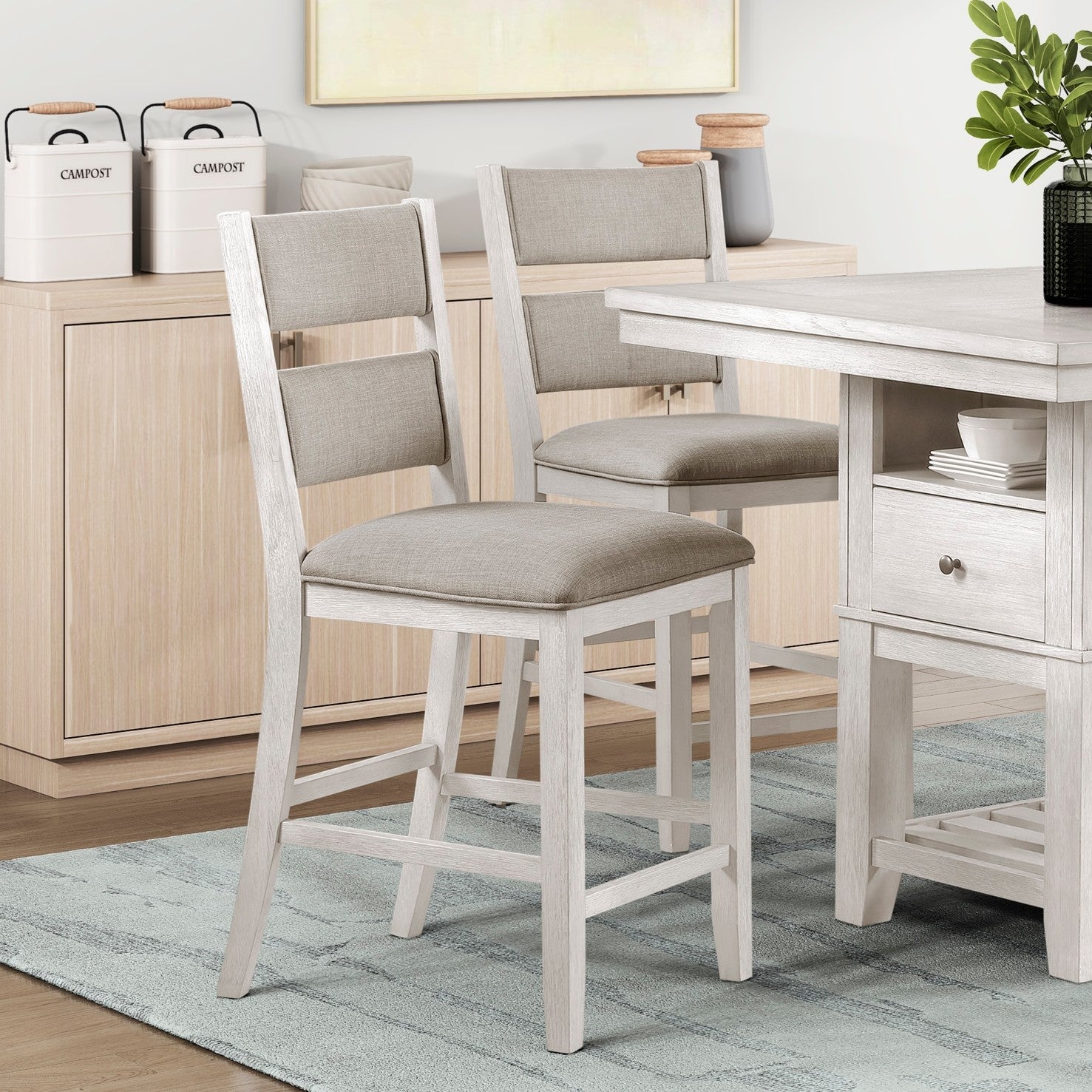5pc Counter Height Dining Set Antique White Finish Table with Storage Drawers Wine-Rack Shelves 4x Chairs Upholstered Seat Furniture