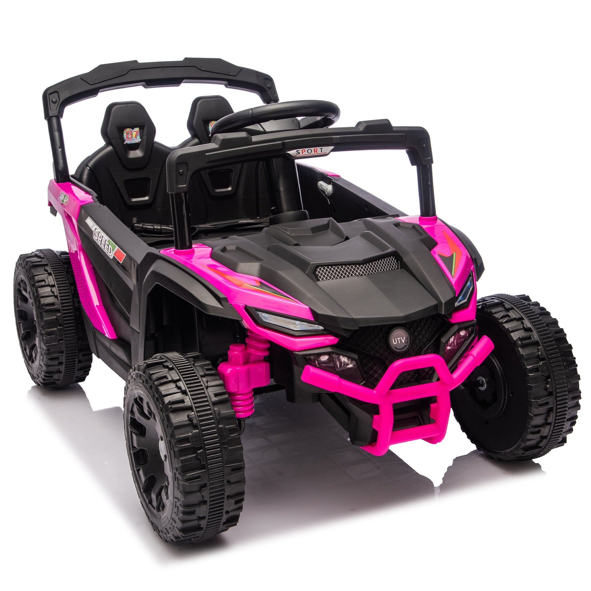 24V Kids ride on UTV W/ 2.4G PC,80W*2,Four-wheel suspension, Anti-Collision bar, High Chassis and Anti-Slip Grip wheels, Bluetooth and Music,Provide a speed of 1.86-3.11mph for Kids Aged 3-5