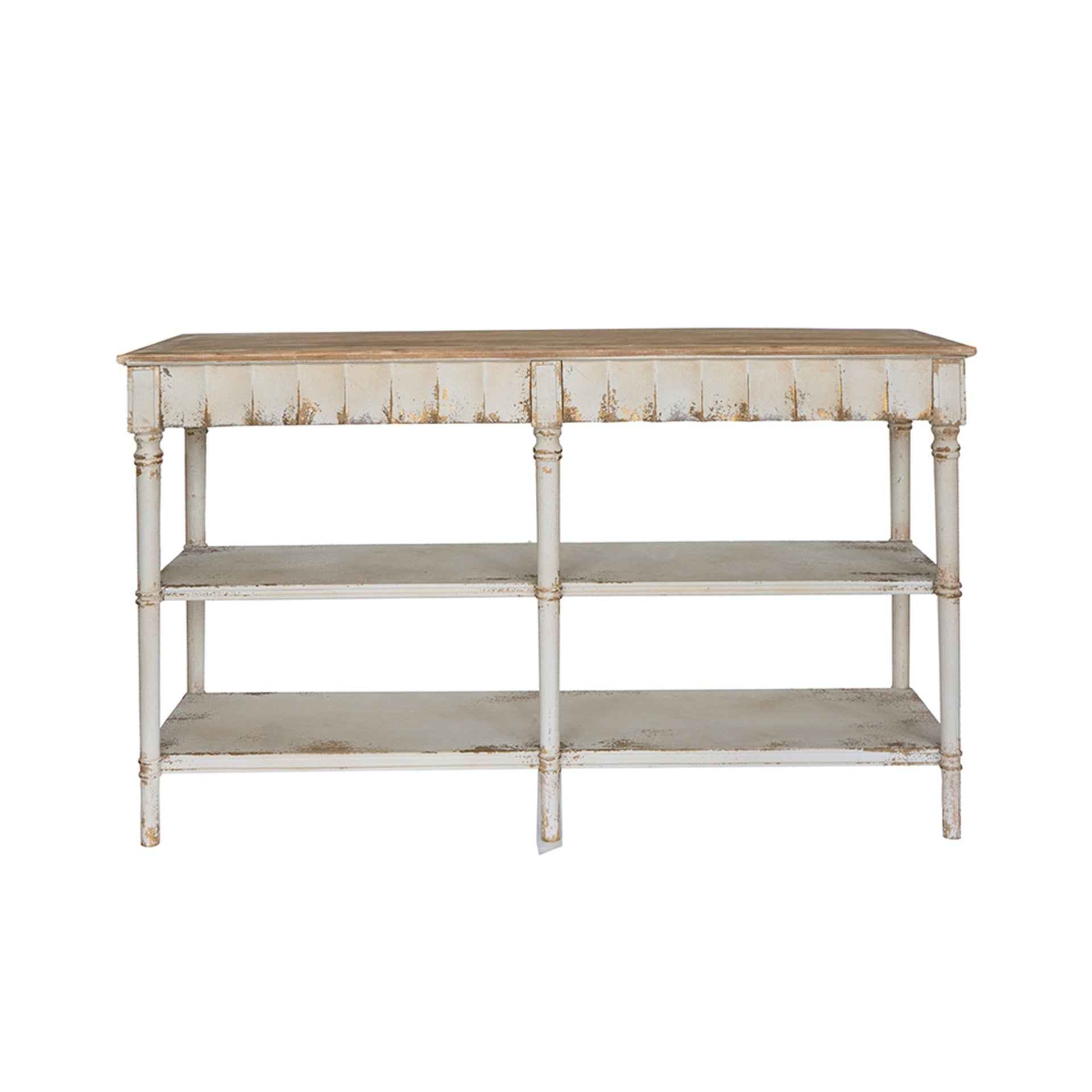 63x19.5x35.5" Three-Tiered Wooden Console Table with Distressed White and Beige Finish
