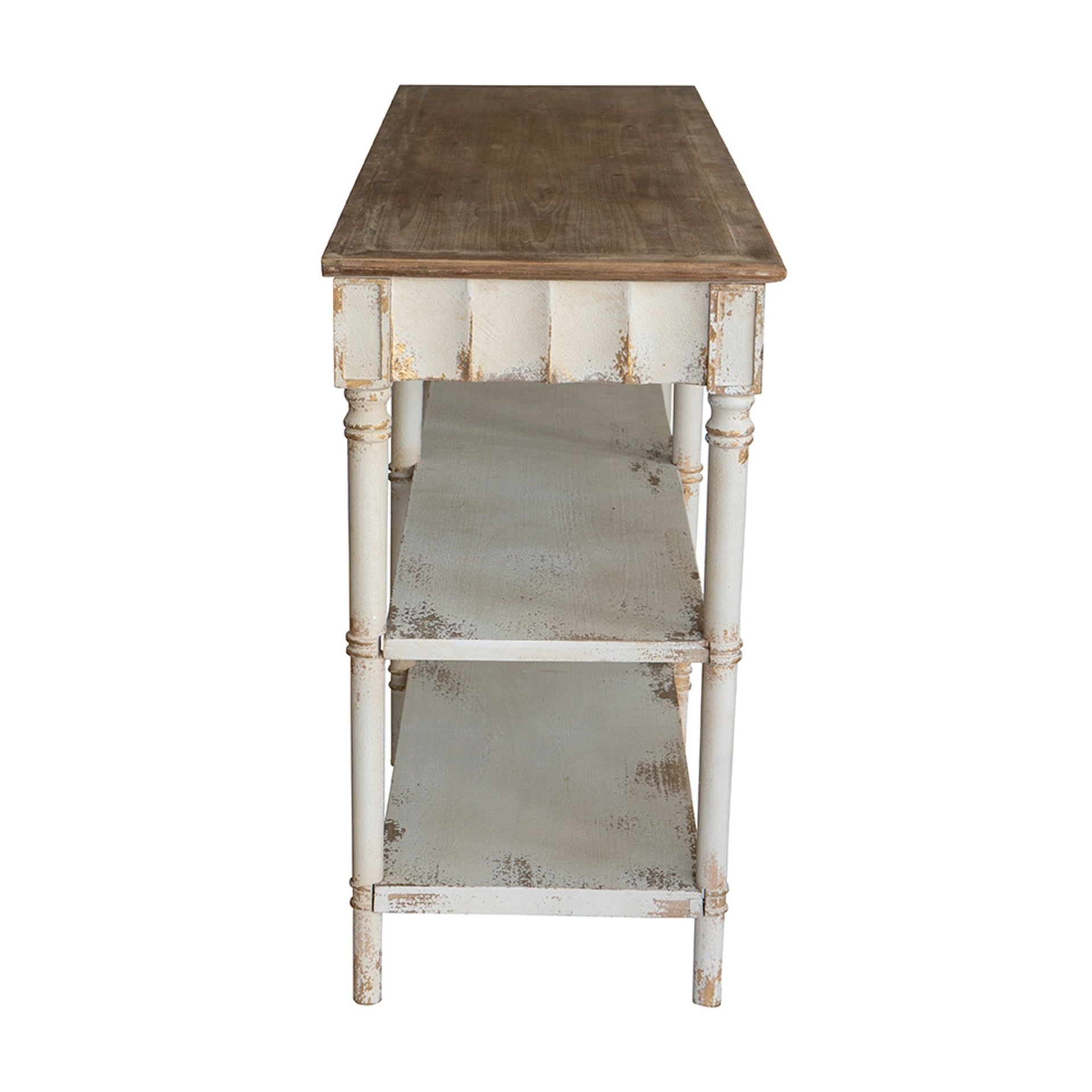 63x19.5x35.5" Three-Tiered Wooden Console Table with Distressed White and Beige Finish