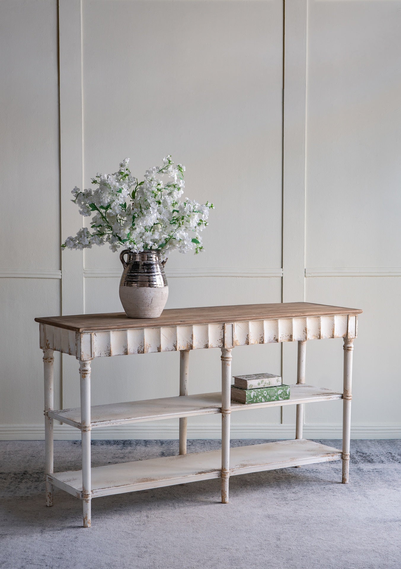 63x19.5x35.5" Three-Tiered Wooden Console Table with Distressed White and Beige Finish