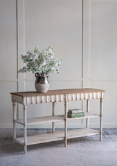 63x19.5x35.5" Three-Tiered Wooden Console Table with Distressed White and Beige Finish