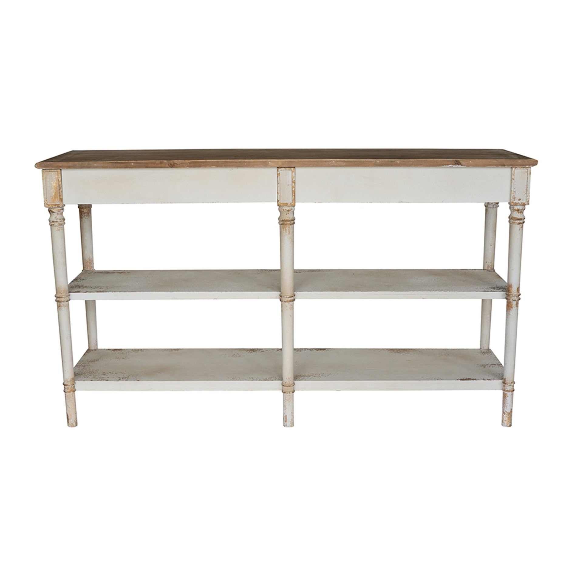 63x19.5x35.5" Three-Tiered Wooden Console Table with Distressed White and Beige Finish
