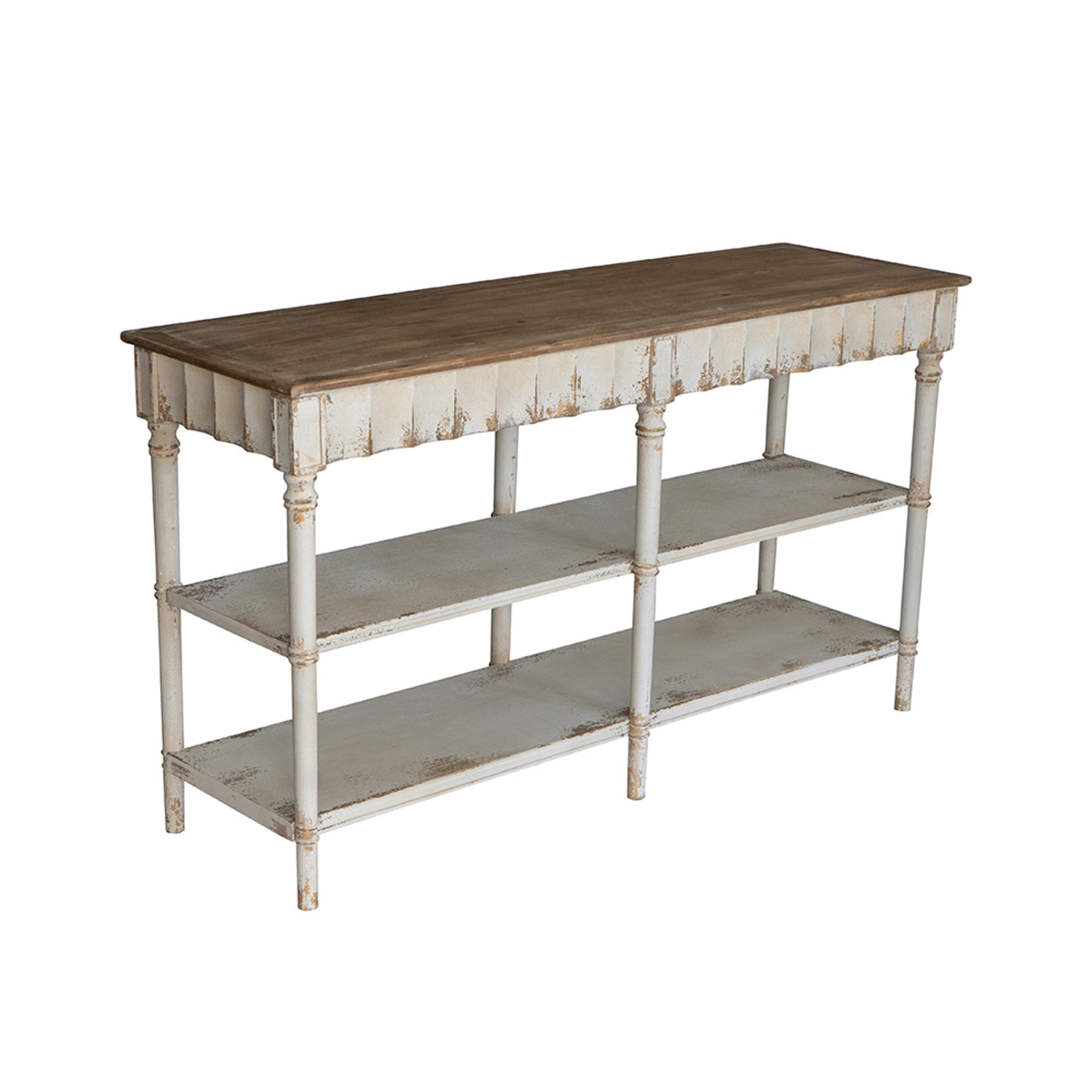63x19.5x35.5" Three-Tiered Wooden Console Table with Distressed White and Beige Finish