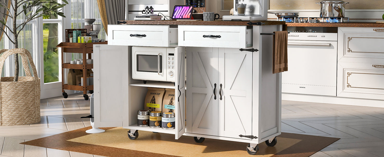K&K 53.5''Farmhouse Kitchen Island with Power Outlet, Kitchen Storage Island with Drop Leaf, Spice Rack and Drawer, Rolling Kitchen Cart on Wheels, for Home, Kitchen and Dining Room, White