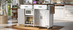 K&K 53.5''Farmhouse Kitchen Island with Power Outlet, Kitchen Storage Island with Drop Leaf, Spice Rack and Drawer, Rolling Kitchen Cart on Wheels, for Home, Kitchen and Dining Room, White