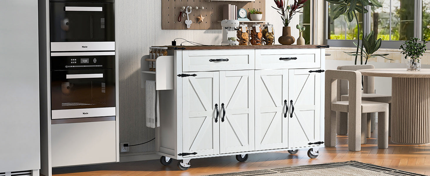 K&K 53.5''Farmhouse Kitchen Island with Power Outlet, Kitchen Storage Island with Drop Leaf, Spice Rack and Drawer, Rolling Kitchen Cart on Wheels, for Home, Kitchen and Dining Room, White