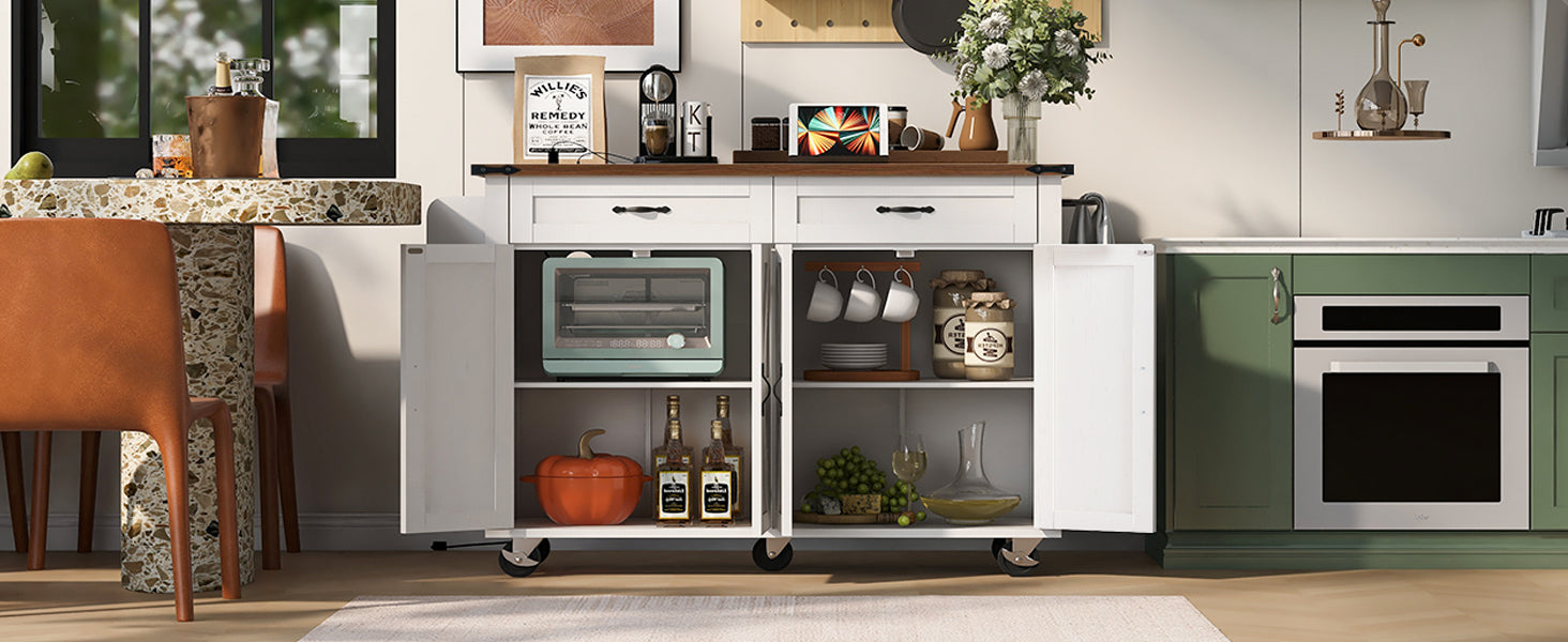 K&K 53.5''Farmhouse Kitchen Island with Power Outlet, Kitchen Storage Island with Drop Leaf, Spice Rack and Drawer, Rolling Kitchen Cart on Wheels, for Home, Kitchen and Dining Room, White