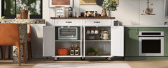K&K 53.5''Farmhouse Kitchen Island with Power Outlet, Kitchen Storage Island with Drop Leaf, Spice Rack and Drawer, Rolling Kitchen Cart on Wheels, for Home, Kitchen and Dining Room, White