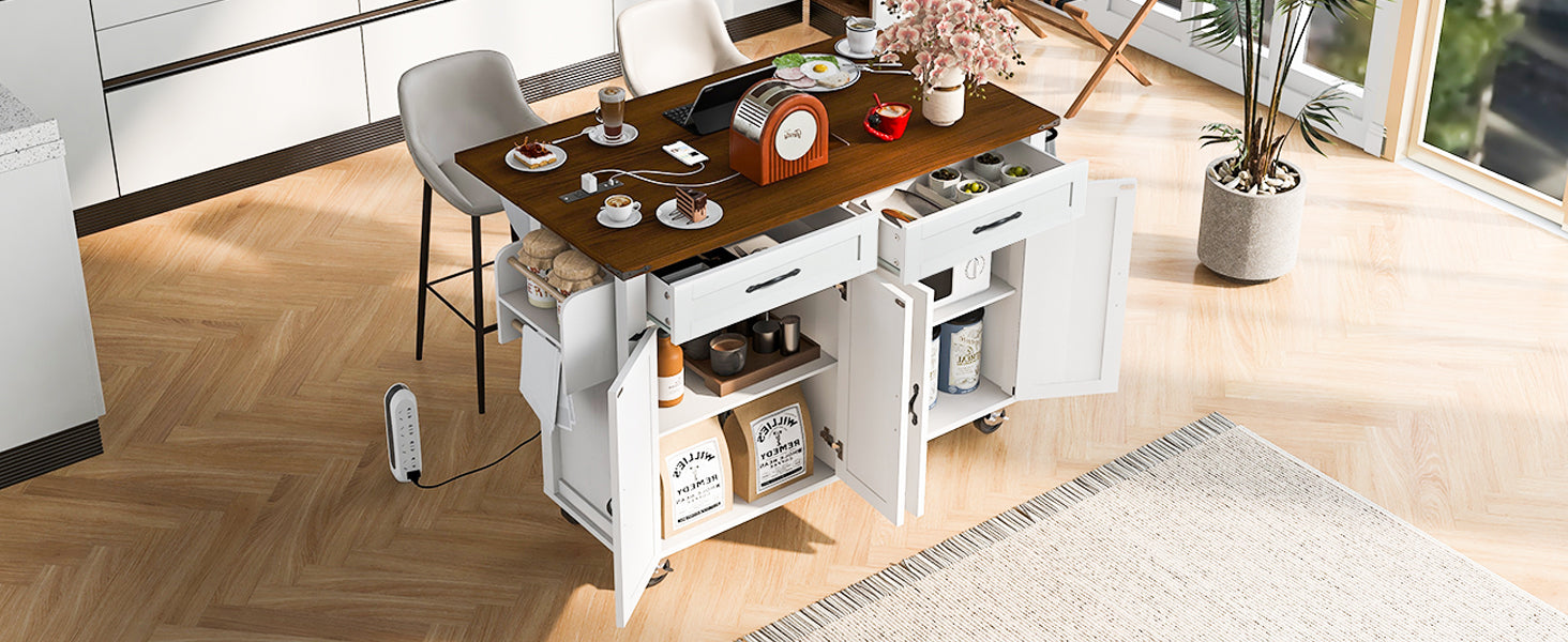 K&K 53.5''Farmhouse Kitchen Island with Power Outlet, Kitchen Storage Island with Drop Leaf, Spice Rack and Drawer, Rolling Kitchen Cart on Wheels, for Home, Kitchen and Dining Room, White