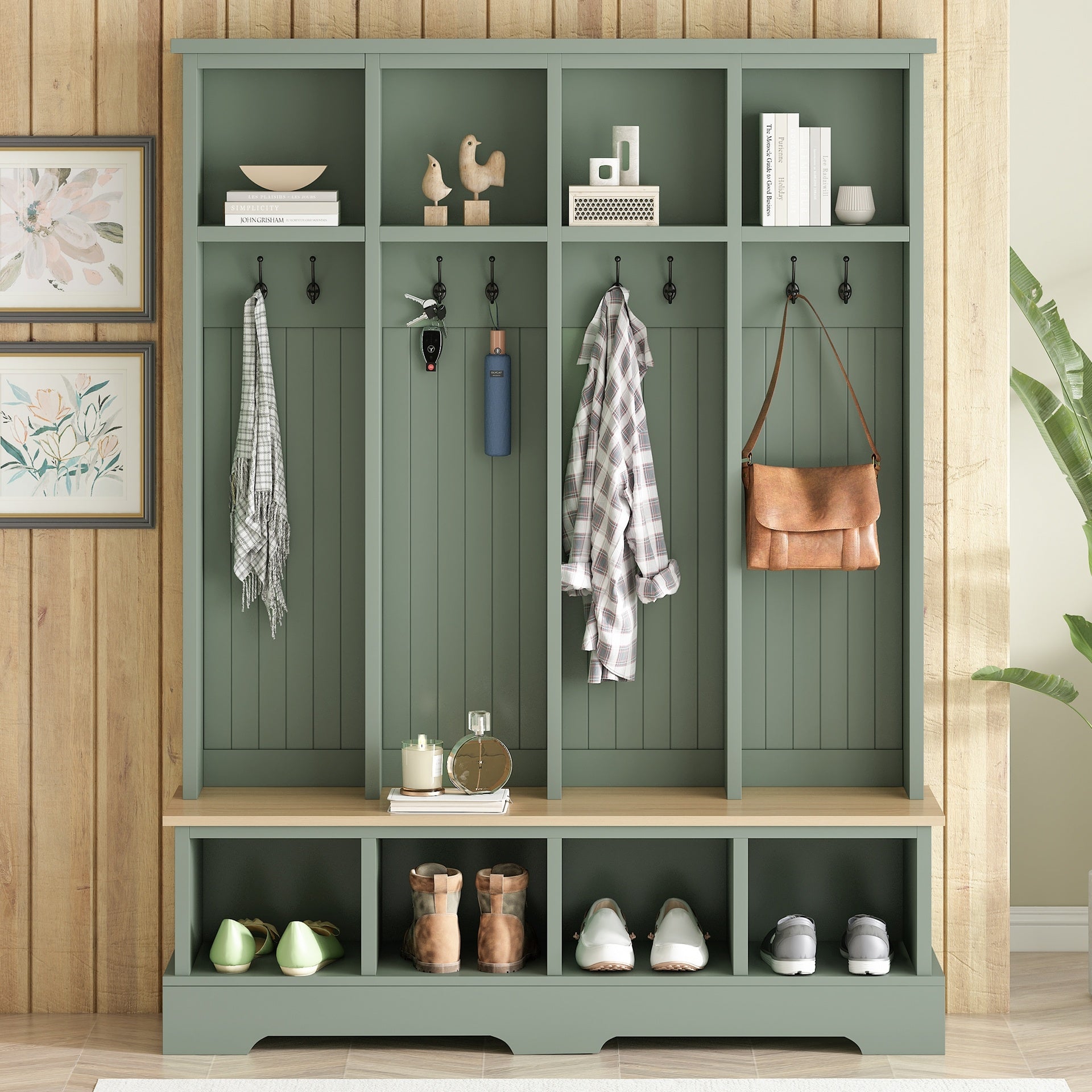 Farmhouse Hall Tree with 8 Hooks, Practical Entryway Bench with Open Compartments, 76.7"H Modern 3-in-1 Wooden Style Coat and Shoe Rack for Mudroom, Living Room, Mint Green