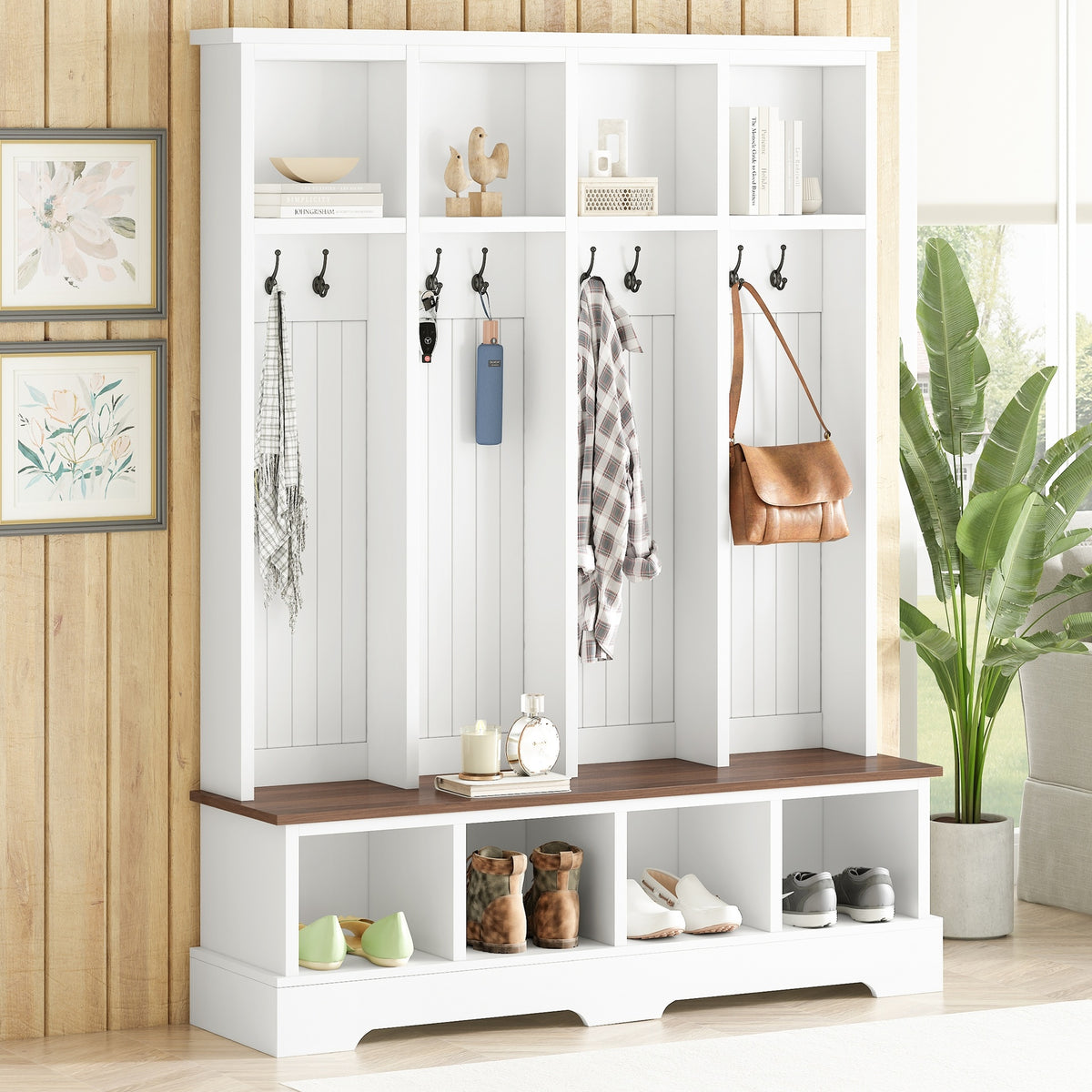 Farmhouse Hall Tree with 8 Hooks, Practical Entryway Bench with Open Compartments, 76.7"H Modern 3-in-1 Wooden Style Coat and Shoe Rack for Mudroom, Living Room, White