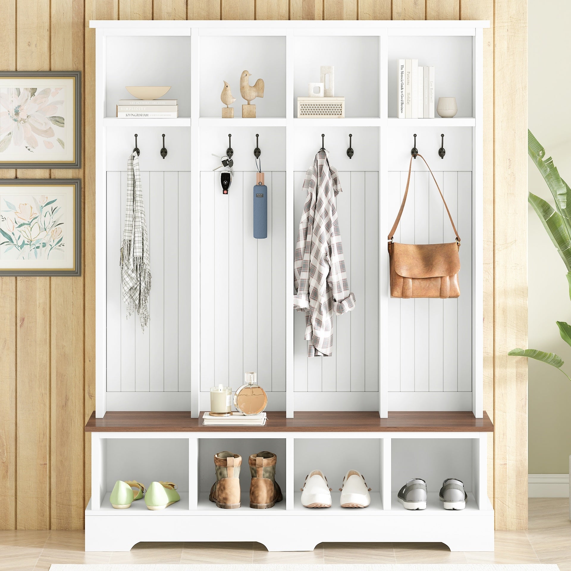 Farmhouse Hall Tree with 8 Hooks, Practical Entryway Bench with Open Compartments, 76.7"H Modern 3-in-1 Wooden Style Coat and Shoe Rack for Mudroom, Living Room, White