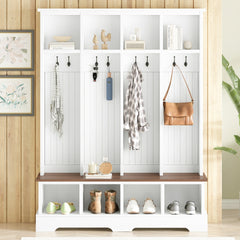 Farmhouse Hall Tree with 8 Hooks, Practical Entryway Bench with Open Compartments, 76.7"H Modern 3-in-1 Wooden Style Coat and Shoe Rack for Mudroom, Living Room, White