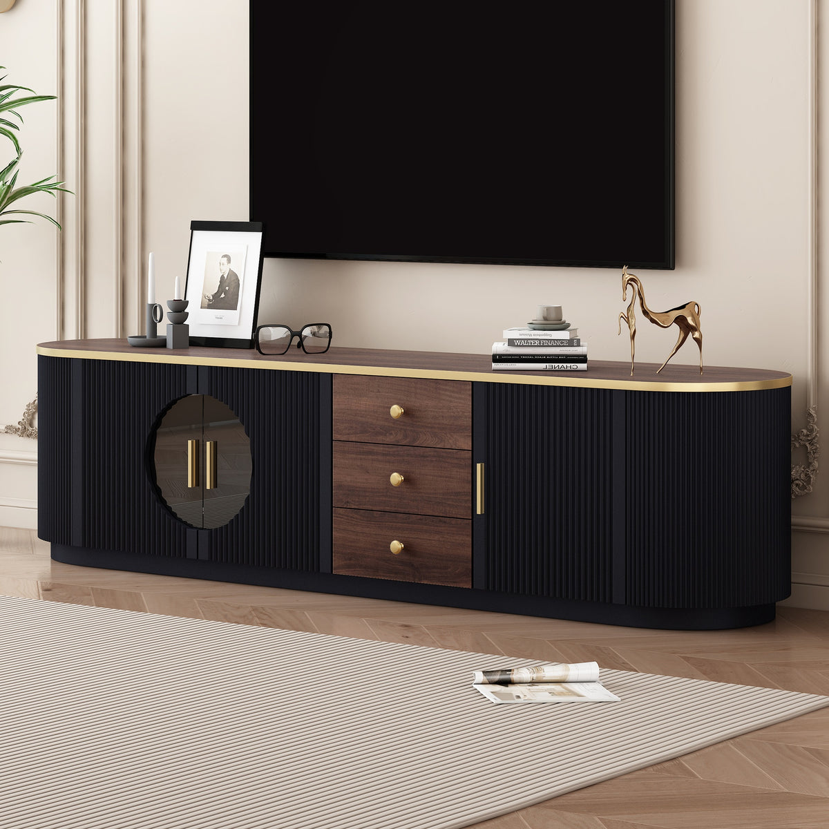 VIBE HAUS 70.8'' Modern Minimalist TV Stand for TVs up to 80 Inches, Entertainment Center with 3 Drawers and 1 Shelf, Metal Handles and 2 Cabinets for Living room