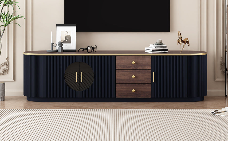 VIBE HAUS 70.8'' Modern Minimalist TV Stand for TVs up to 80 Inches, Entertainment Center with 3 Drawers and 1 Shelf, Metal Handles and 2 Cabinets for Living room