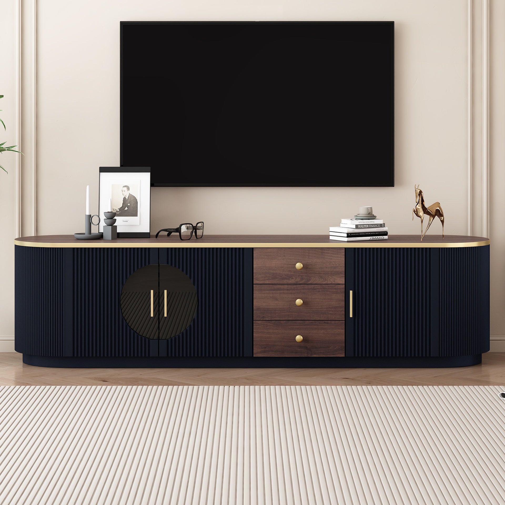 VIBE HAUS 70.8'' Modern Minimalist TV Stand for TVs up to 80 Inches, Entertainment Center with 3 Drawers and 1 Shelf, Metal Handles and 2 Cabinets for Living room