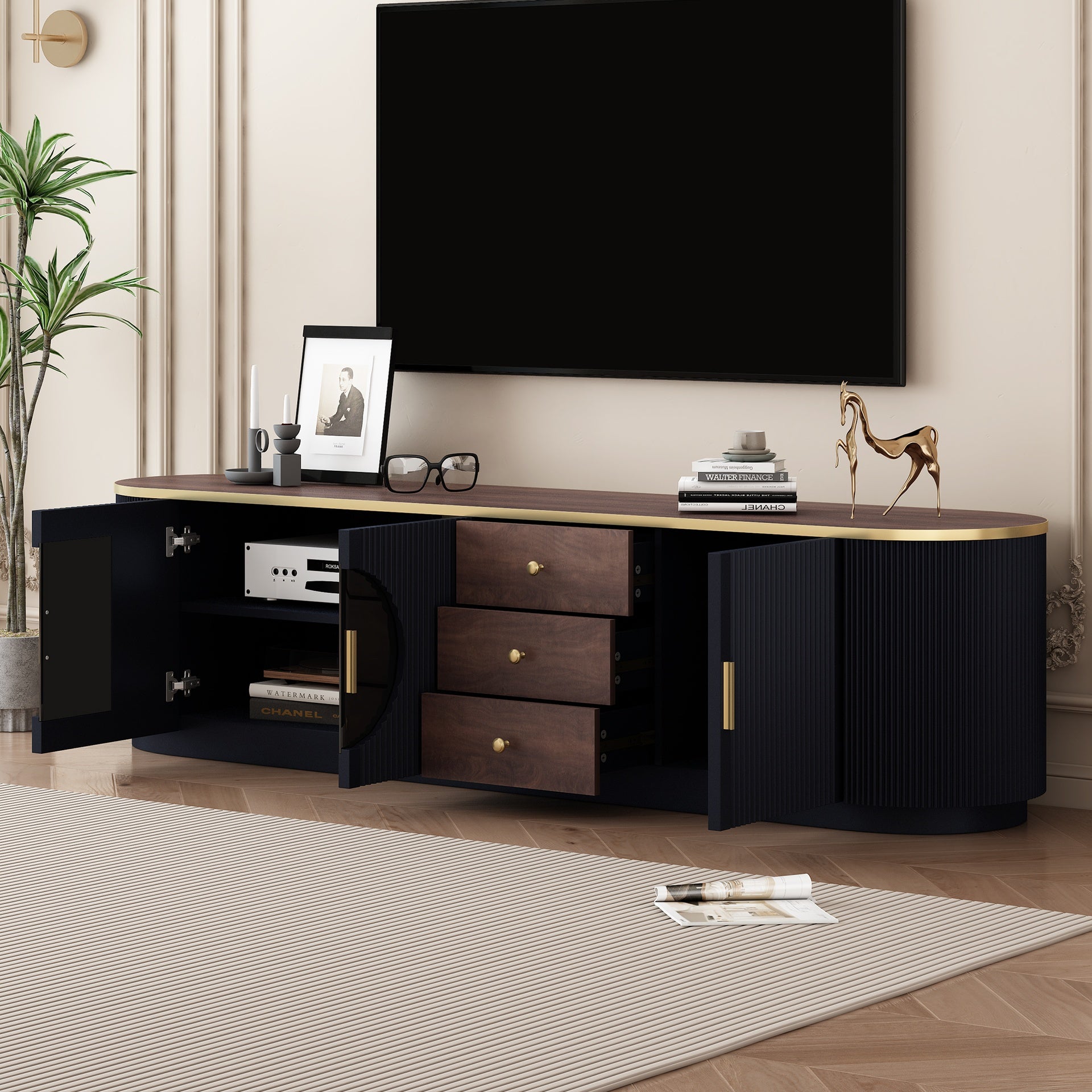 VIBE HAUS 70.8'' Modern Minimalist TV Stand for TVs up to 80 Inches, Entertainment Center with 3 Drawers and 1 Shelf, Metal Handles and 2 Cabinets for Living room