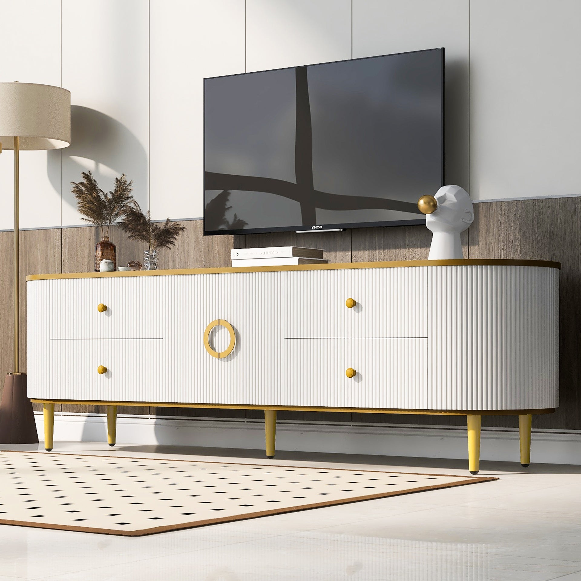 VIBE HAUS Modern TV Stand for TVs up to 80 Inches, Entertainment Center with 4 Drawers and 1 Cabinet, Wood TV Console Table with Metal Legs and Handles for Living room(Old SKU:SJ000117AAK)
