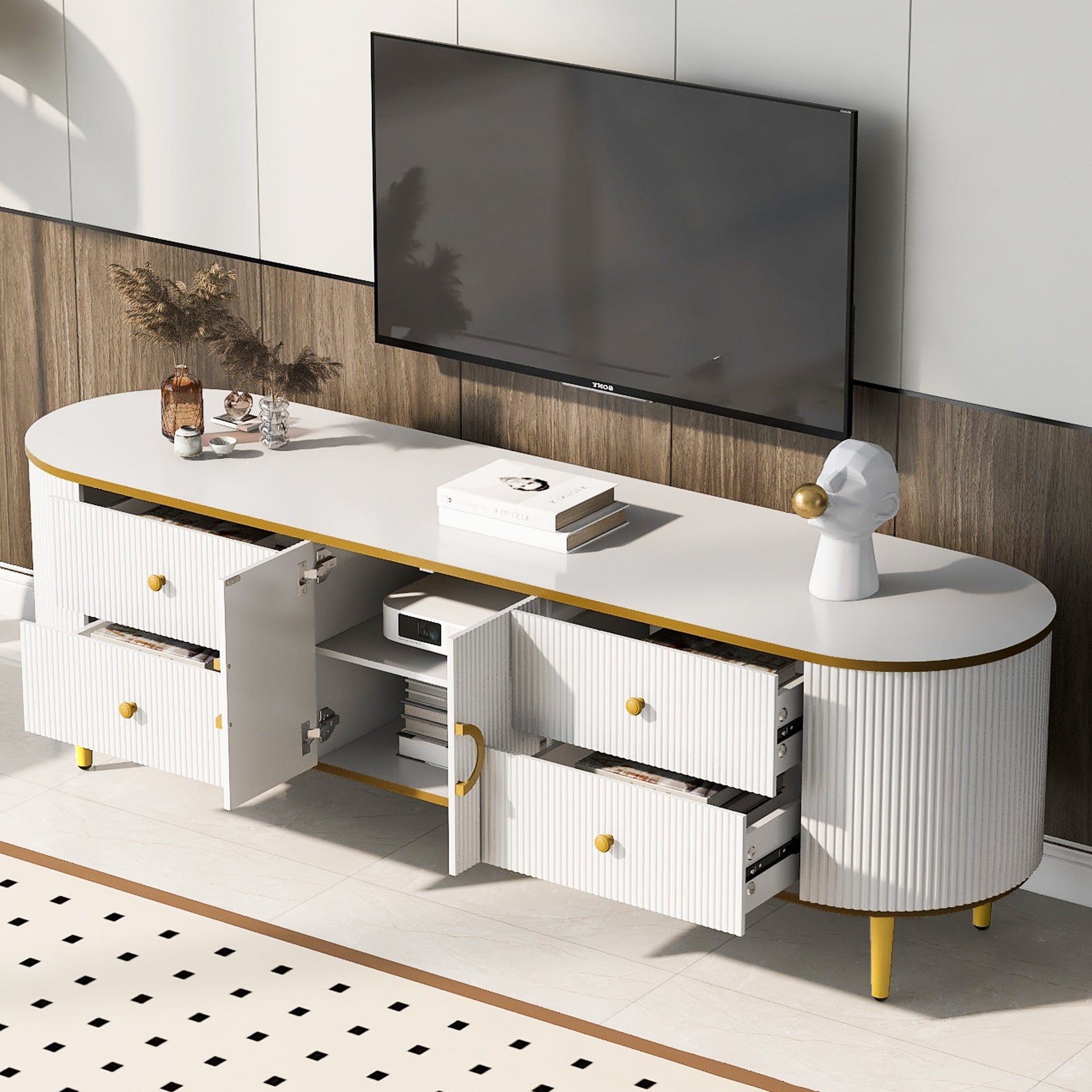 VIBE HAUS Modern TV Stand for TVs up to 80 Inches, Entertainment Center with 4 Drawers and 1 Cabinet, Wood TV Console Table with Metal Legs and Handles for Living room(Old SKU:SJ000117AAK)