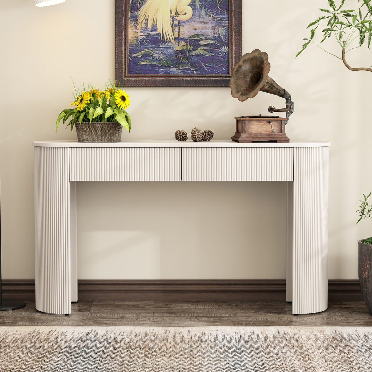 TREXM Entryway Table with Fluted Design, Modern Console Table with Storage, Oval Top and 2 Drawers for Entryway and Living Room (Champagne White)