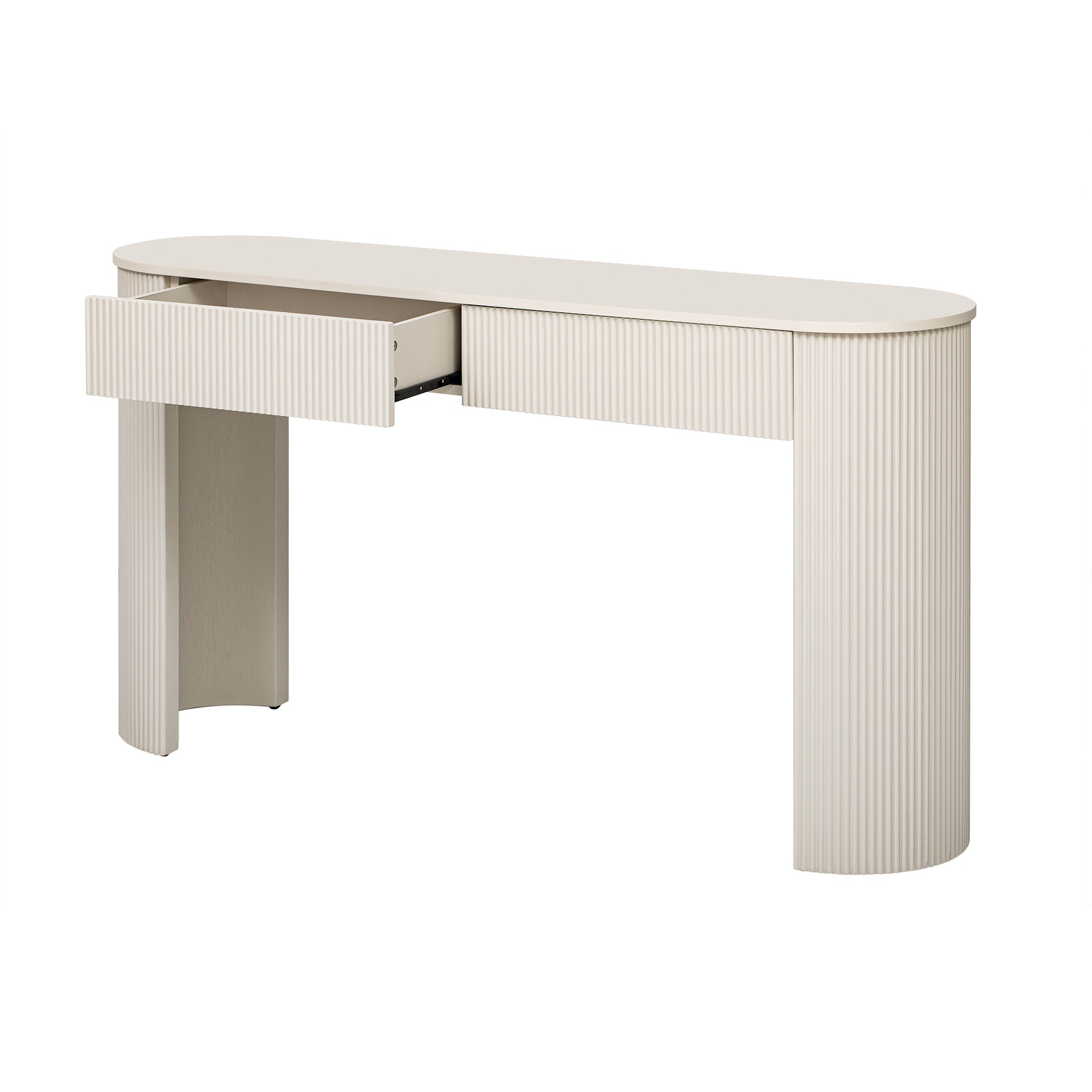 TREXM Entryway Table with Fluted Design, Modern Console Table with Storage, Oval Top and 2 Drawers for Entryway and Living Room (Champagne White)