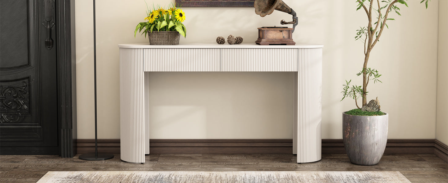 TREXM Entryway Table with Fluted Design, Modern Console Table with Storage, Oval Top and 2 Drawers for Entryway and Living Room (Champagne White)