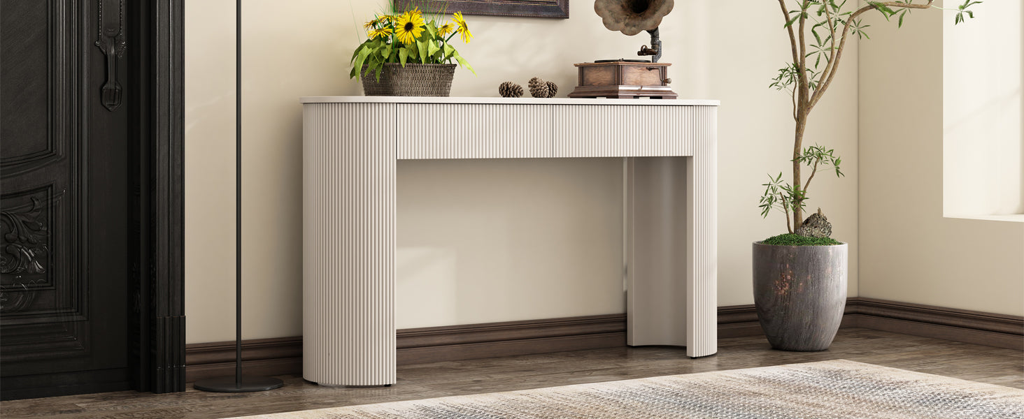 TREXM Entryway Table with Fluted Design, Modern Console Table with Storage, Oval Top and 2 Drawers for Entryway and Living Room (Champagne White)