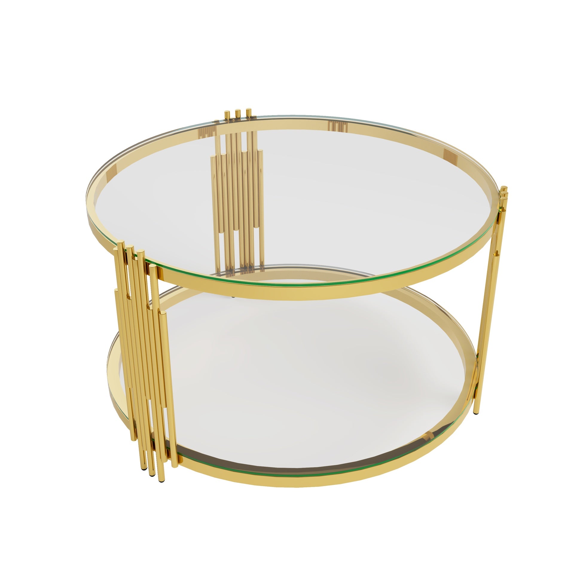 Modern Glass Coffee Table in 31.5", Asymmetrical Metal, Circular Metal Drum Base, Gold Finish & Lower Shelf