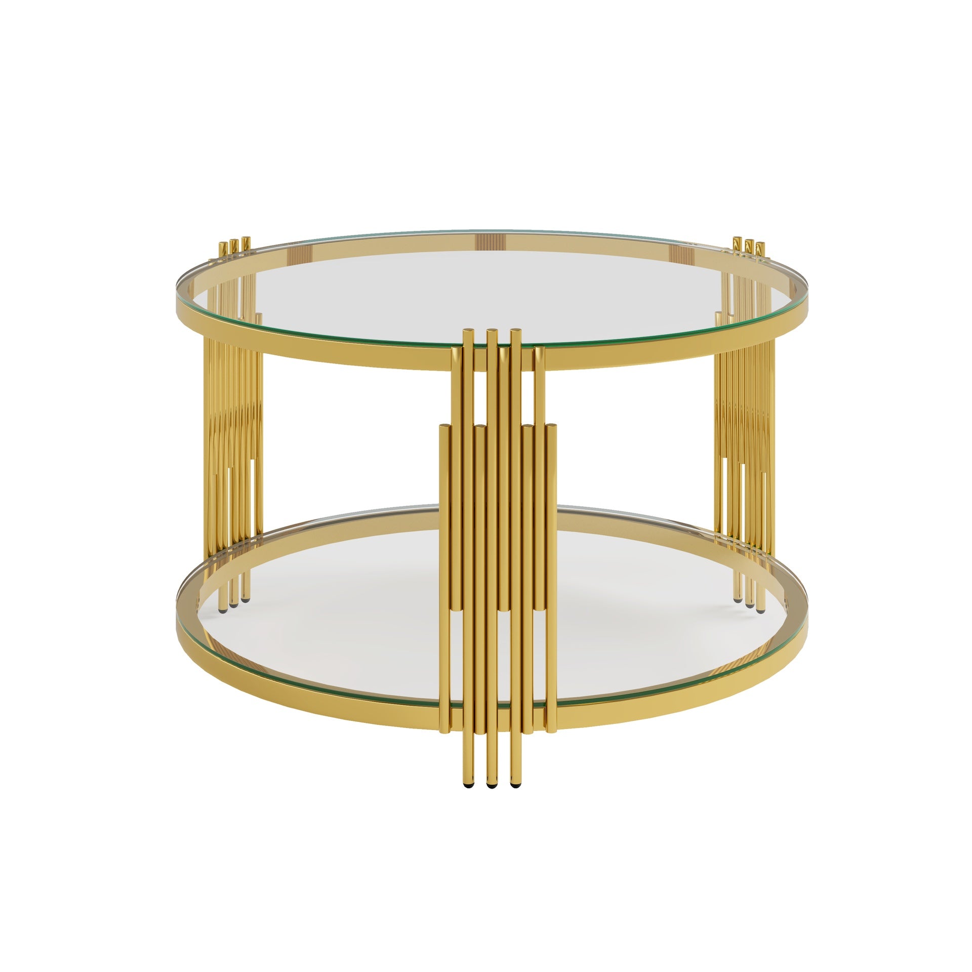 Modern Glass Coffee Table in 31.5", Asymmetrical Metal, Circular Metal Drum Base, Gold Finish & Lower Shelf