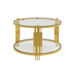 Modern Glass Coffee Table in 31.5", Asymmetrical Metal, Circular Metal Drum Base, Gold Finish & Lower Shelf
