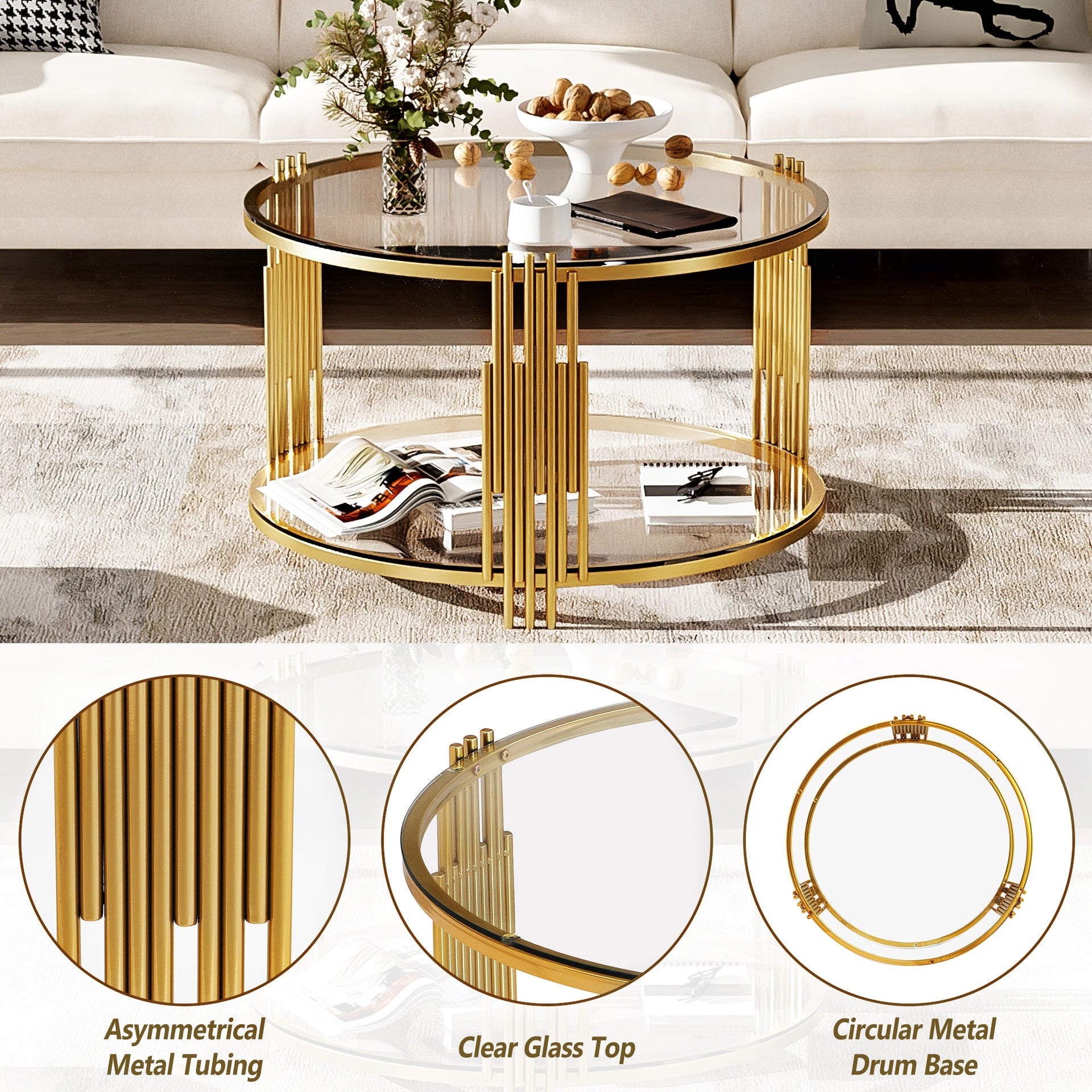 Modern Glass Coffee Table in 31.5", Asymmetrical Metal, Circular Metal Drum Base, Gold Finish & Lower Shelf