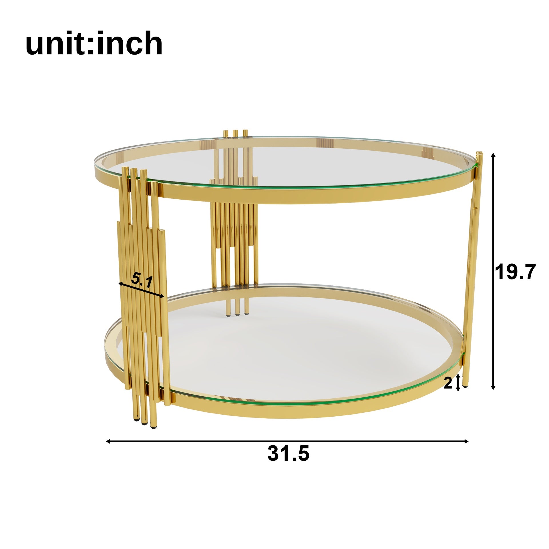 Modern Glass Coffee Table in 31.5", Asymmetrical Metal, Circular Metal Drum Base, Gold Finish & Lower Shelf