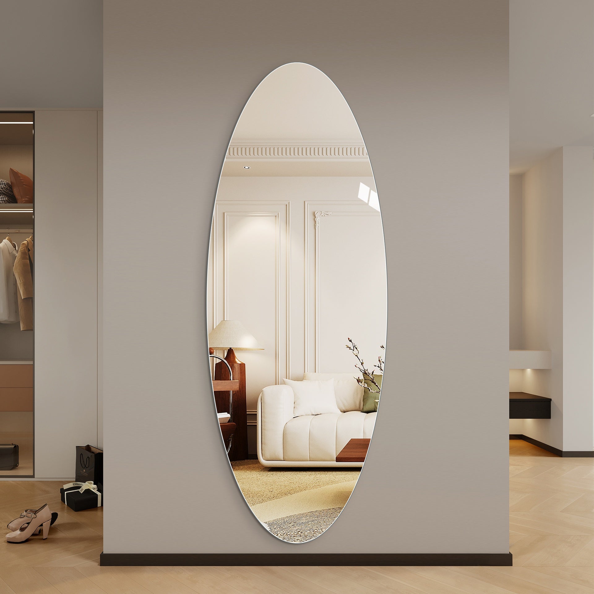 65" x 24" Full Length Wall Mirror, Oval Design, 5mm Copper-Free Silver Glass, Moisture-Resistant & Anti-Oxidation, HD Reflection, Wall-Mounted for Entryway, Bedroom & Salon