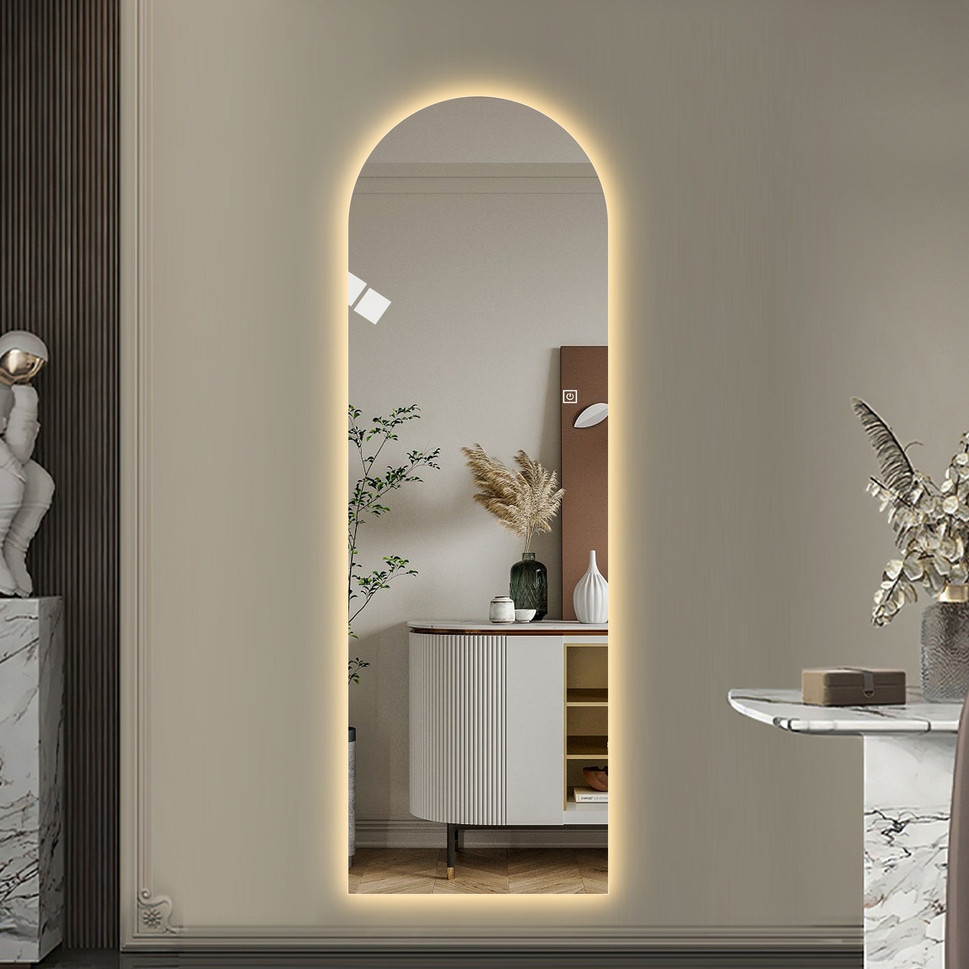 65" x 21" LED Full Length Wall Mirror, Symmetrical Arch Design, 3-Color Dimmable Lighting, Shatterproof