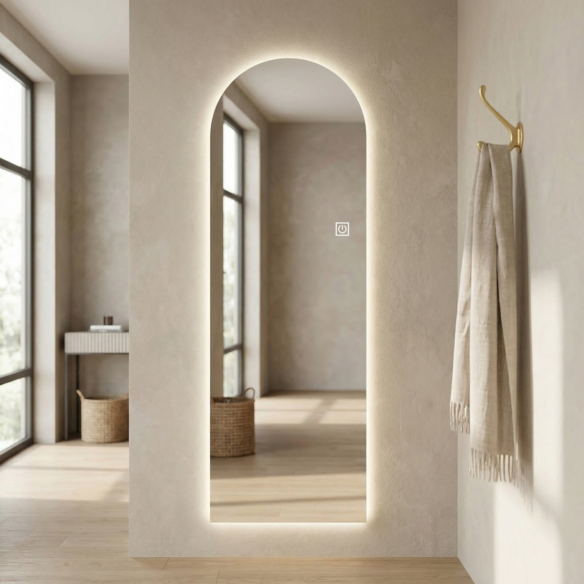 65" x 21" LED Full Length Wall Mirror, Symmetrical Arch Design, 3-Color Dimmable Lighting, Shatterproof