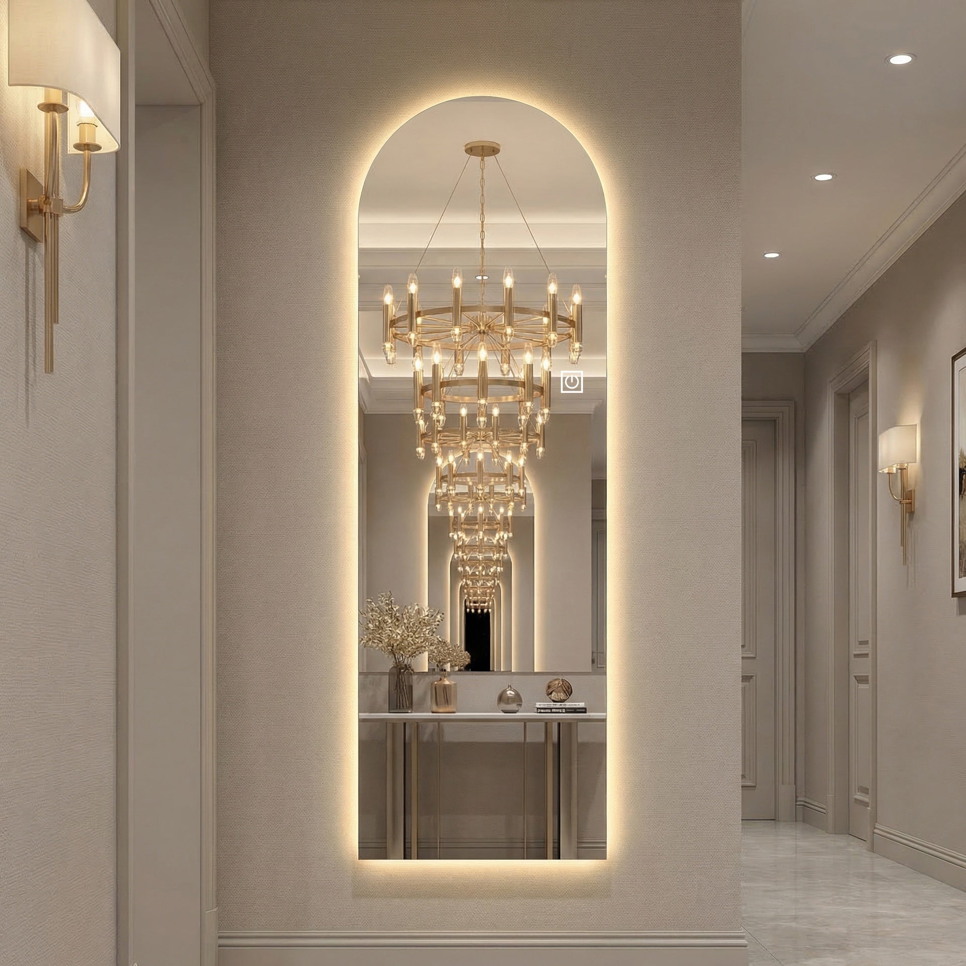 65" x 21" LED Full Length Wall Mirror, Symmetrical Arch Design, 3-Color Dimmable Lighting, Shatterproof