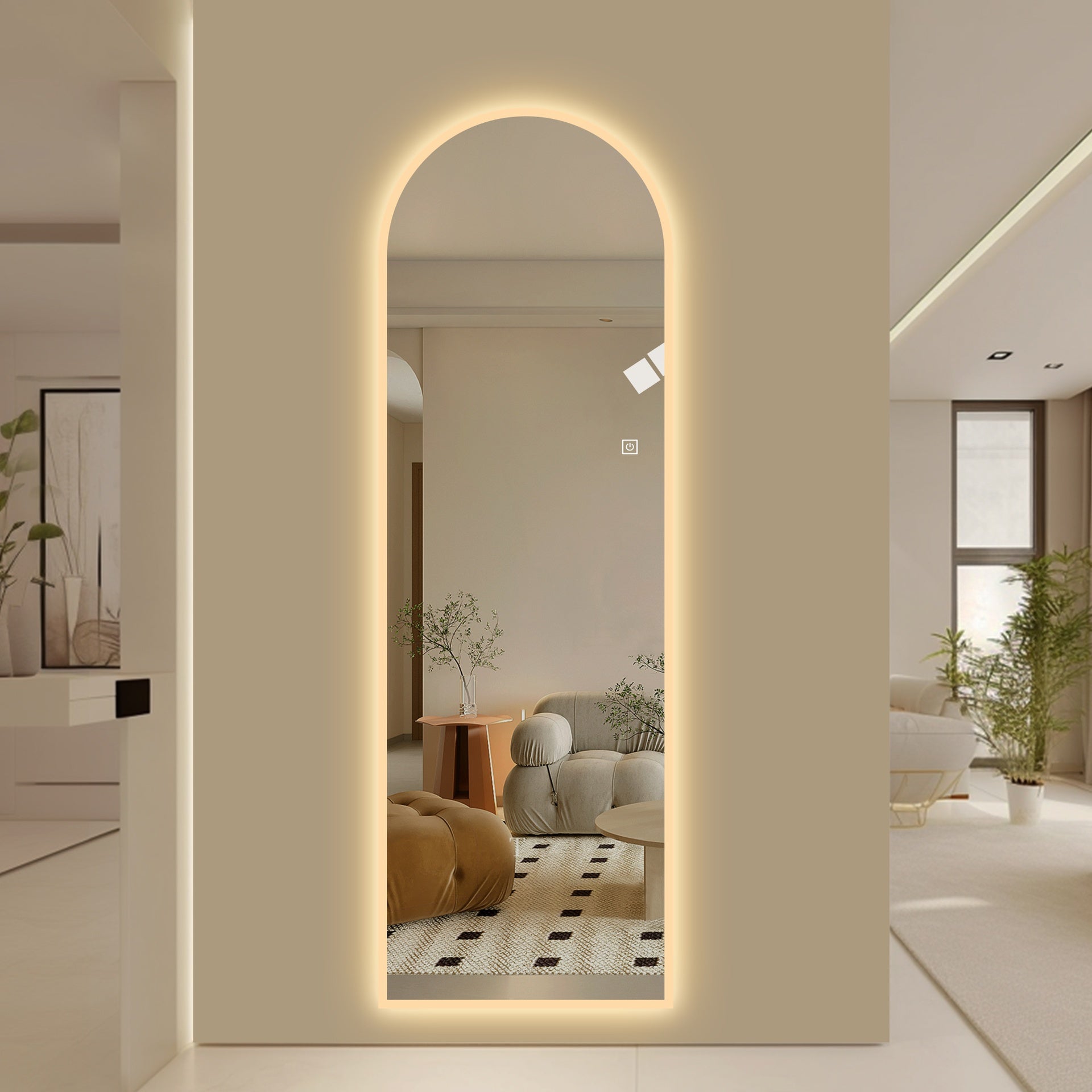 65" x 21" LED Full Length Wall Mirror, Symmetrical Arch Design with Frosted Glass Border, Dimmable 3 Color Temperature Lighting, Copper-Free Silver Glass, Hardwired or Plug-In
