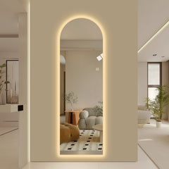 65" x 21" LED Full Length Wall Mirror, Symmetrical Arch Design with Frosted Glass Border, Dimmable 3 Color Temperature Lighting, Copper-Free Silver Glass, Hardwired or Plug-In