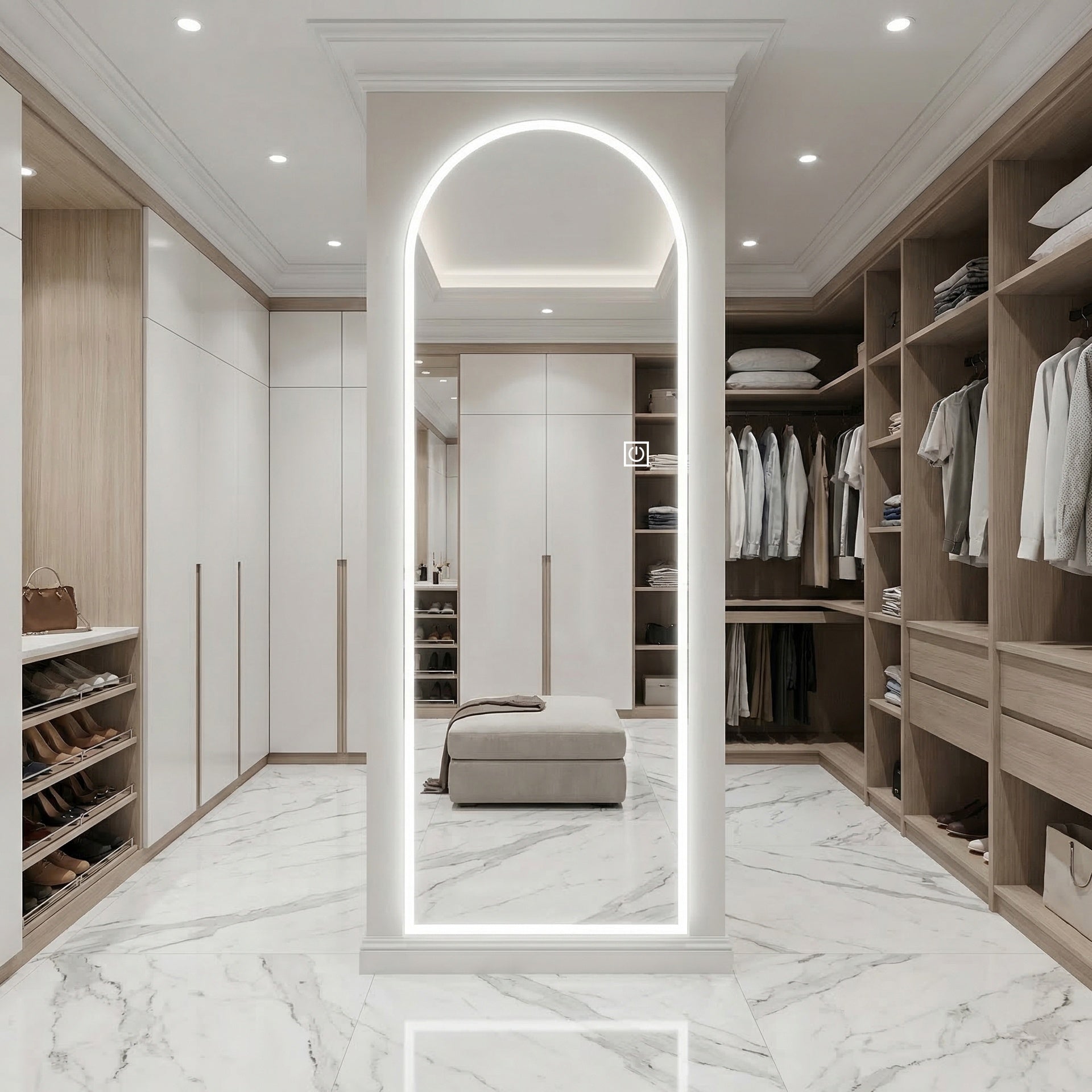 65" x 21" LED Full Length Wall Mirror, Symmetrical Arch Design with Frosted Glass Border, Dimmable 3 Color Temperature Lighting, Copper-Free Silver Glass, Hardwired or Plug-In