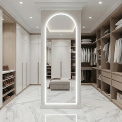 65" x 21" LED Full Length Wall Mirror, Symmetrical Arch Design with Frosted Glass Border, Dimmable 3 Color Temperature Lighting, Copper-Free Silver Glass, Hardwired or Plug-In