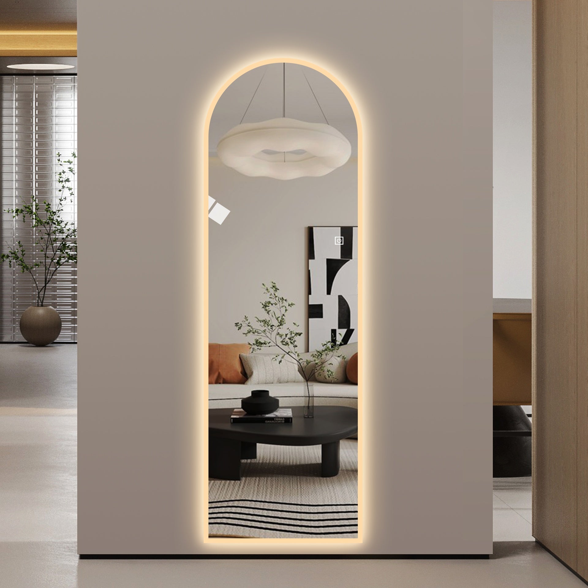 65" x 21" LED Full Length Wall Mirror, Symmetrical Arch Design with Frosted Glass Border, Dimmable 3 Color Temperature Lighting, Copper-Free Silver Glass, Hardwired or Plug-In
