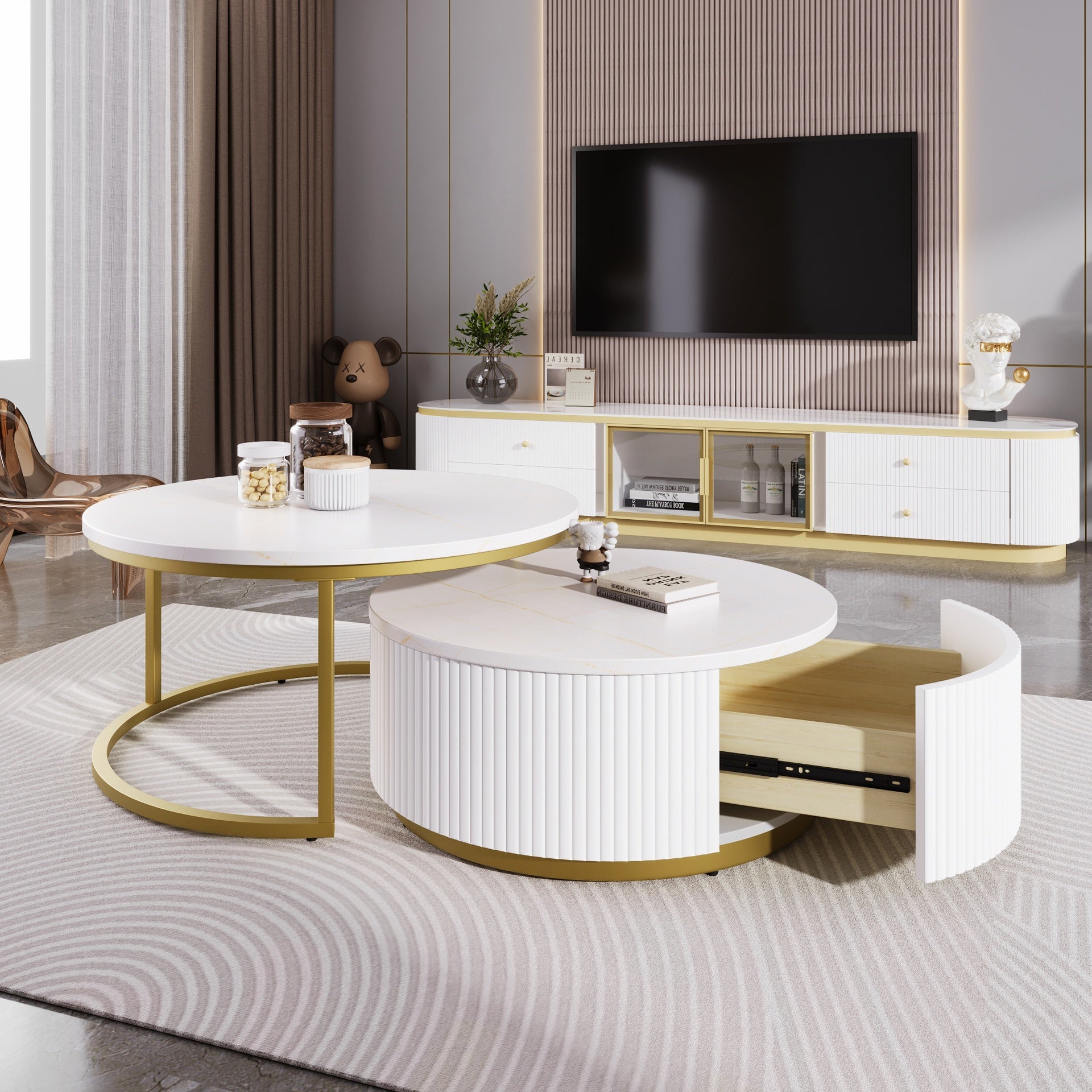 Modern Round Nesting Coffee Table Fluted with Drawer in White & Gold in 27.6"