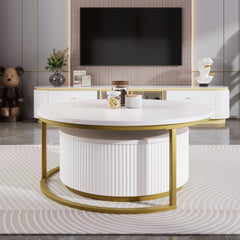 Modern Round Nesting Coffee Table Fluted with Drawer in White & Gold in 27.6"