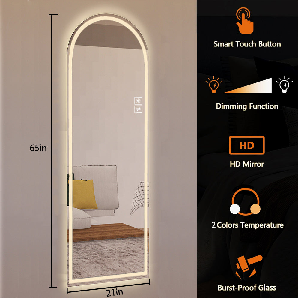 65" x 21" Arch Design LED Full Length Mirror ,Dimmable,  High Definition & Explosion-Proof, Full-Length Standing or Wall-Mounted - Brightly Lit for Makeup, Studio, and More