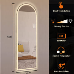 65" x 21" Arch Design LED Full Length Mirror ,Dimmable,  High Definition & Explosion-Proof, Full-Length Standing or Wall-Mounted - Brightly Lit for Makeup, Studio, and More