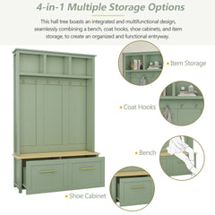 ON-TREND Versatile 4-in-1 Hall Tree with 6 Golden Hooks, Wood Grain Bench with Multiple Storage Space, Entryway Coat Rack with 2 Drawers for Living Room, Hallway, Mint Green, 76.6''H