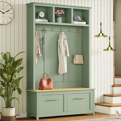 ON-TREND Versatile 4-in-1 Hall Tree with 6 Golden Hooks, Wood Grain Bench with Multiple Storage Space, Entryway Coat Rack with 2 Drawers for Living Room, Hallway, Mint Green, 76.6''H
