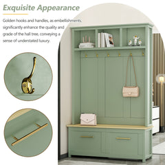 ON-TREND Versatile 4-in-1 Hall Tree with 6 Golden Hooks, Wood Grain Bench with Multiple Storage Space, Entryway Coat Rack with 2 Drawers for Living Room, Hallway, Mint Green, 76.6''H