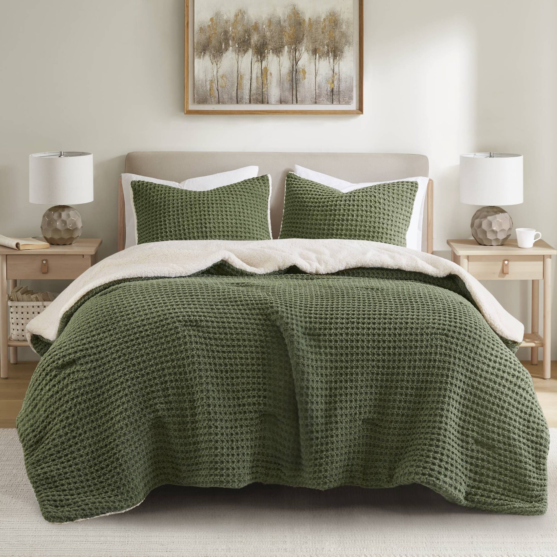 3 Pieces King/Cal King Waffle Knit Chenille Comforter Set,Olive